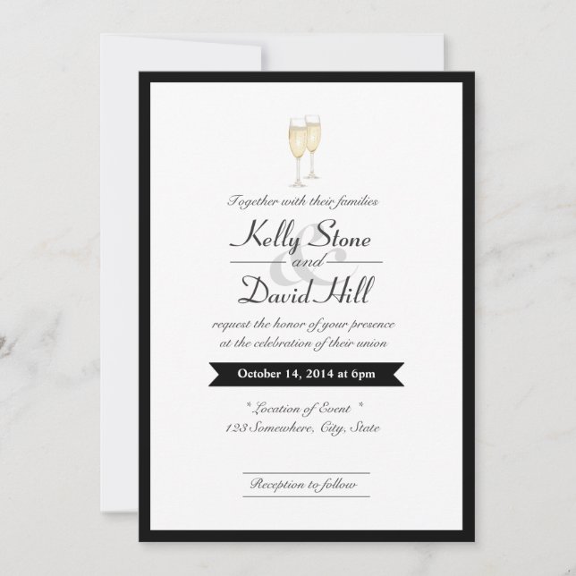 Convites de Casamento Toast Champagne com Borda Pr (Frente)