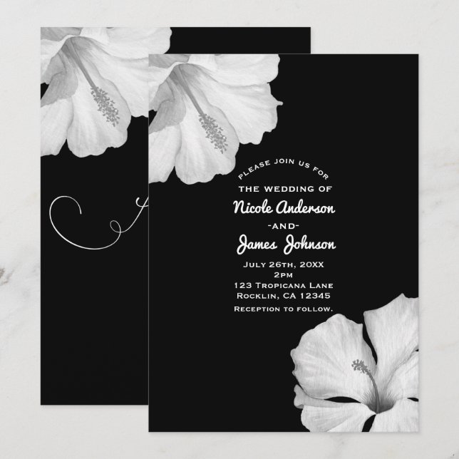 Convites de Casamento Tropicais Pretos com Hibisco (Frente/Verso)