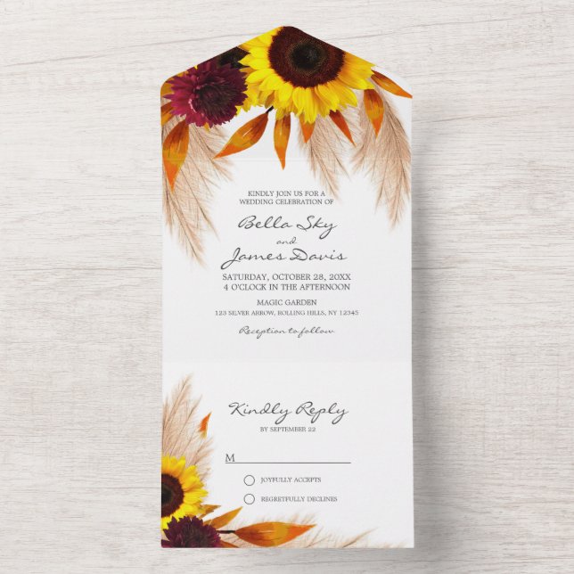 Convites de Casamento Tudo em Um Flor de Girassol (Interno)