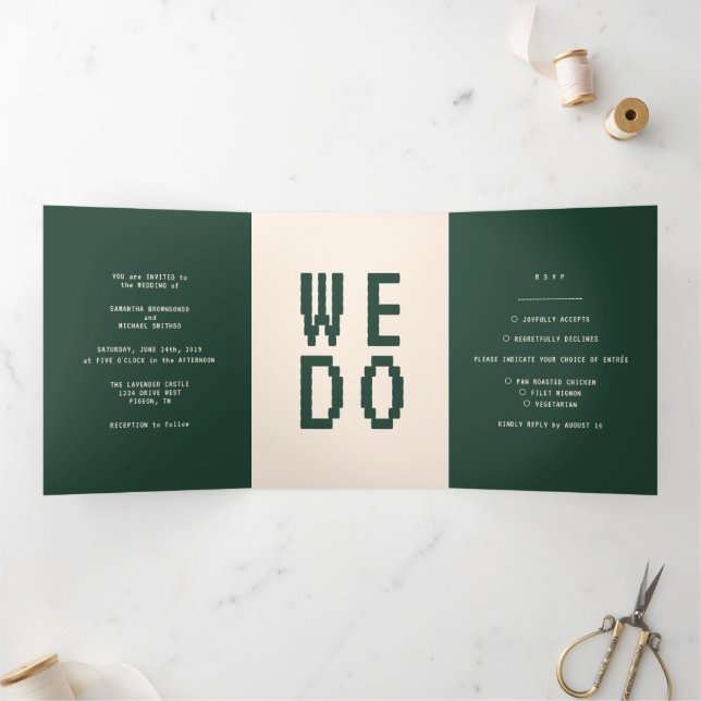 Convites de casamento verde bege Formal minimalist (Dentro)