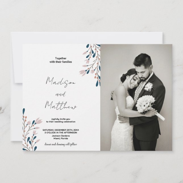 Convites de Casamento Verde Floral Rosa com Fotogr (Frente)