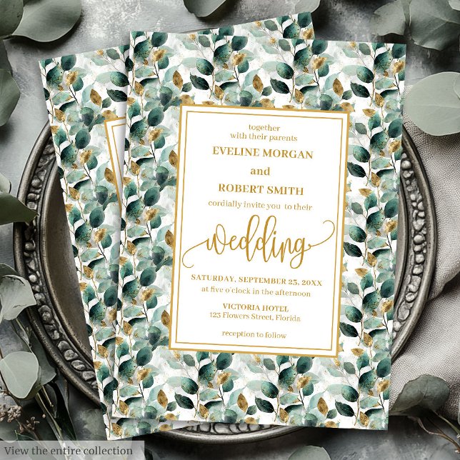 Convites de casamento verdes da floresta russa (Rustic Forest Green Gold Greenery Wedding Invitation)