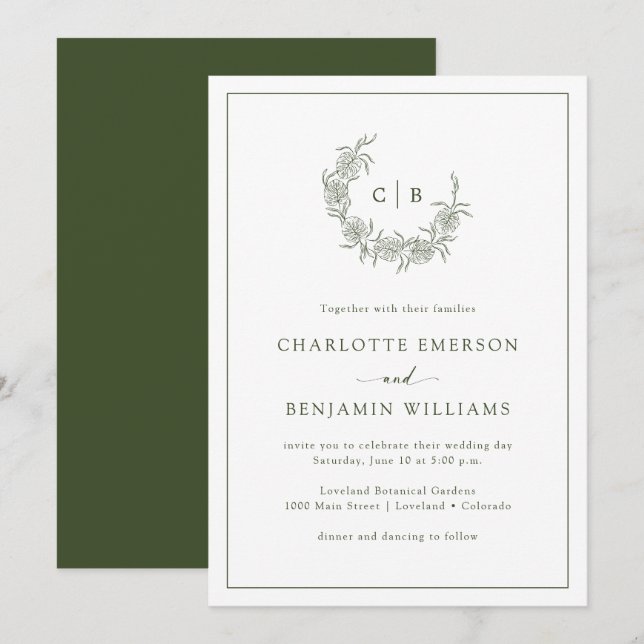 Convites de Casamento Verdes Monogramados (Frente/Verso)