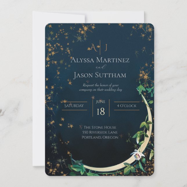 Convites de Casamento Vintage Lua e Estrelas (Frente)