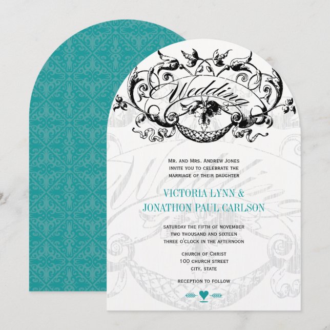 Convites de Casamento Vintage Modern Turquesa Aqua (Frente/Verso)