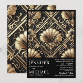 Convites de Casamento Vintage Preto e Dourado Art