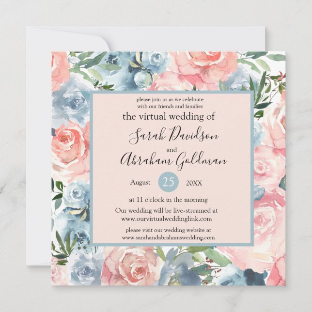 Convites de Casamento Virtuais - Floral Rosa Azul (Frente)