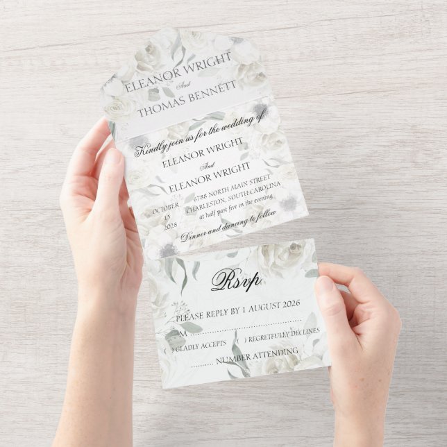Convites de Casamento White Florals Botanical All  (Tearaway)