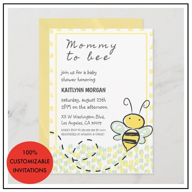 convites de chá de bebê abelha neutros em amarelo (Bee baby shower invitations gender neutral yellow)