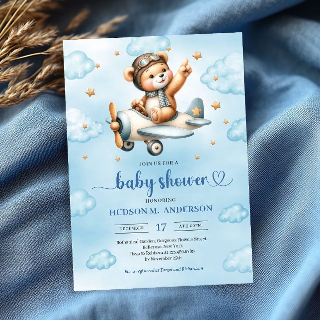 Convites de chá de bebê azul de urso de pelúcia pi (Charming pilot teddy bear blue boy shower invitation)