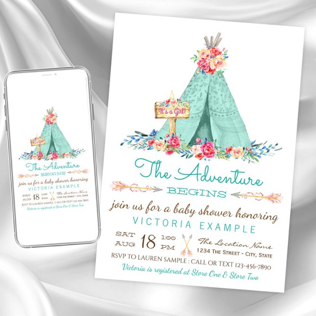 Convites de Chá de Bebê Boho para Meninas TeePee (Cute teepee baby shower invitation. Instant download and printed invitations available.)