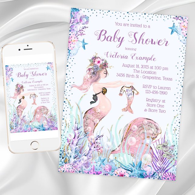 Convites de Chá de Bebê da Mamãe Sereia (Pretty Mermom baby shower invitation. Instant download and printed invitations available.)