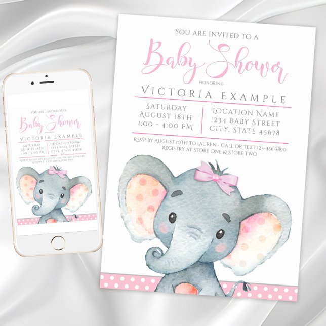 Convites de Chá de Bebê de Elefante Adorável para  (Girls Elephant Baby Shower Invitations. Instant download and printed invitations available.)
