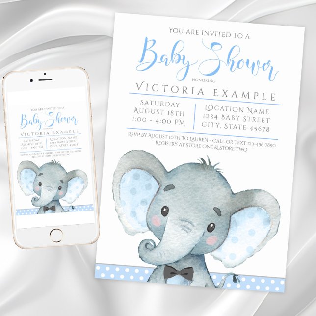 Convites de Chá de Bebê de Elefante Fofo para Meni (Cute boy elephant baby shower invitation. Instant download and printed invitations available.)