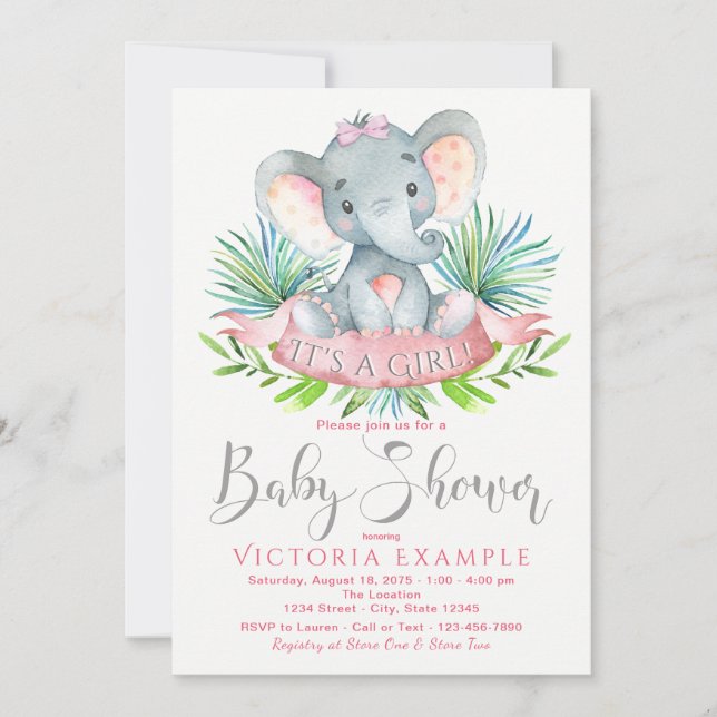 Convites de Chá de Bebê de Elefante para Meninas (Frente)
