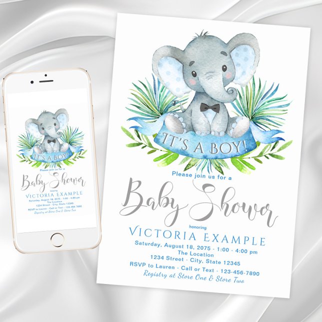 Convites de Chá de Bebê de Elefante para Meninos (Cute boy elephant and greenery baby shower. Instant download and printed invitations available.)