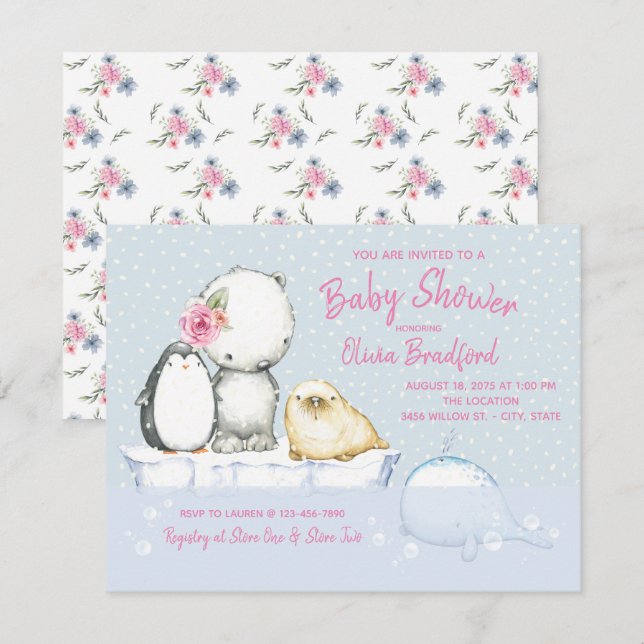 Convites de Chá de Bebê de Inverno para Meninas (Frente/Verso)