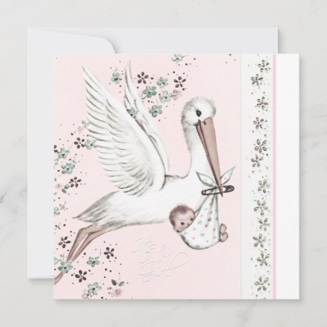 Convites de chá de bebê de menina Stork Rosa Vinta (Frente)