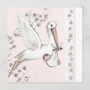 Convites de chá de bebê de menina Stork Rosa Vinta