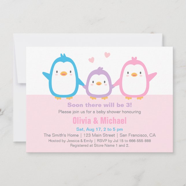 Convites de Chá de Bebê de Pinguim de Família Fofa (Frente)