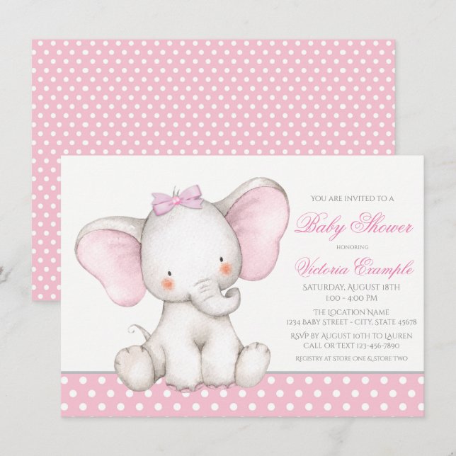 Convites de Chá de Bebê Elefante Doce Menina (Frente/Verso)