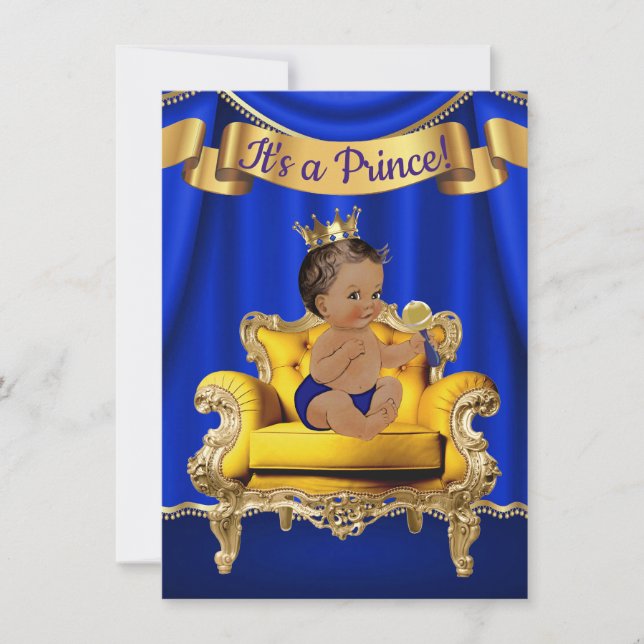 Convites de Chá de Bebê em Azul Real e Dourado par (Frente)