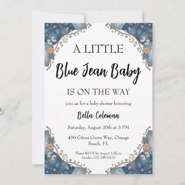 convites de chá de bebê em jeans azul (Frente)