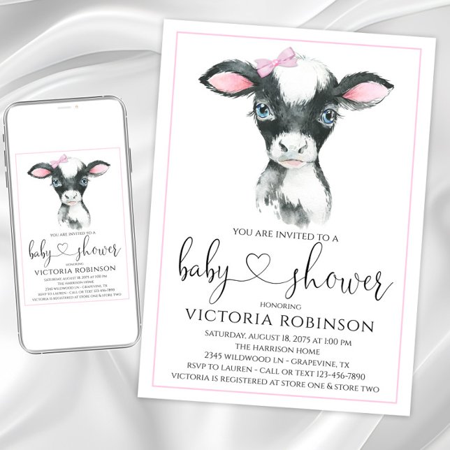 Convites de Chá de Bebê Fazenda de Vaca Menina (Adorable cow baby shower invitation. Instant download and printed invitations available.)