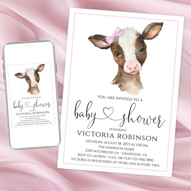 Convites de Chá de Bebê Fazendinha Menina Fofa (Adorable cow baby shower invitations. Instant download and printed invitations available.)