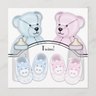 Convites de Chá de Bebê Gêmeos Ursinho Teddy Azul