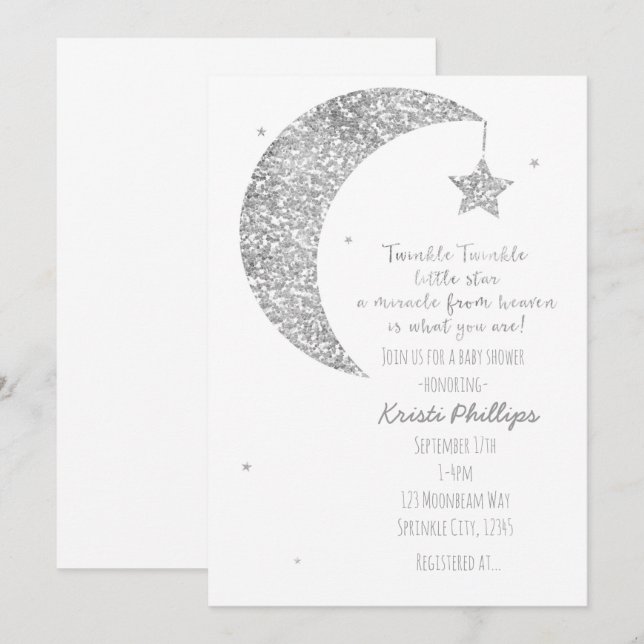 Convites de Chá de Bebê Lua e Estrelas Branco Prat (Frente/Verso)