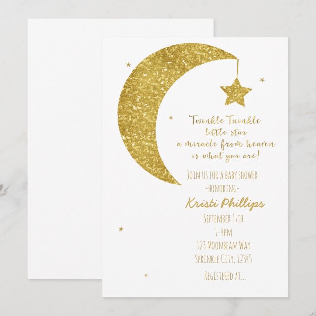 Convites de Chá de Bebê Lua e Estrelas Dourado e B (Frente/Verso)