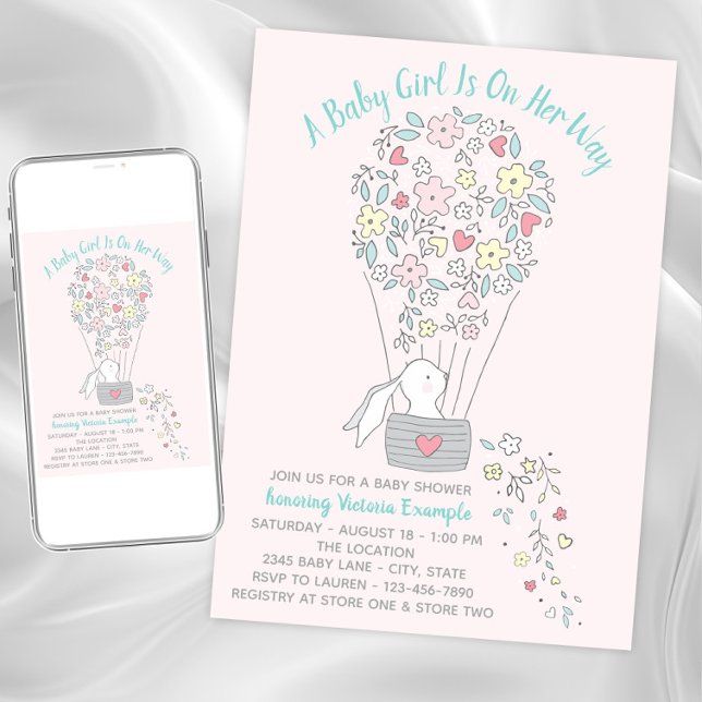 Convites de Chá de Bebê Menina Balão de Ar Quente  (Cute bunny baby shower invitation. Instant download and printed invitations available.)