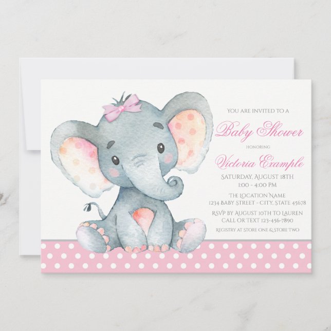 Convites de Chá de Bebê Menina Elefante (Frente)