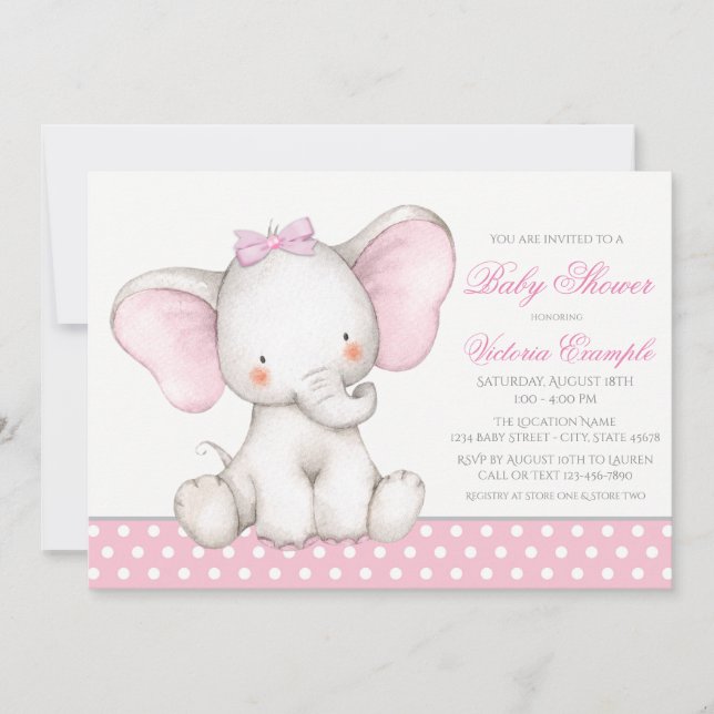 Convites de Chá de Bebê Menina Elefante Fofo (Frente)