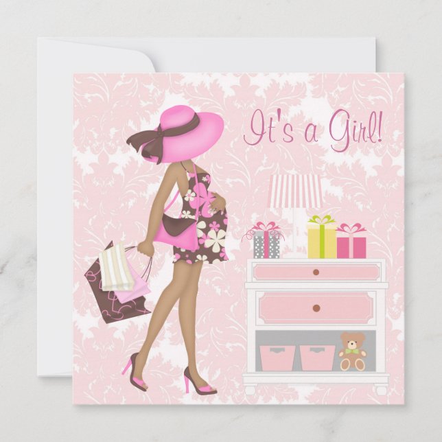 Convites de Chá de Bebê Menina Rosa Damask (Frente)