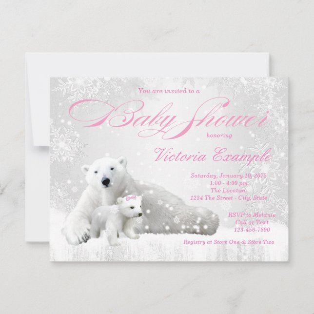Convites de Chá de Bebê Menina Urso Floco de Neve  (Frente)