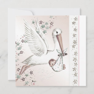 Convites de Chá de Bebê Menina Vintage Pink Stork