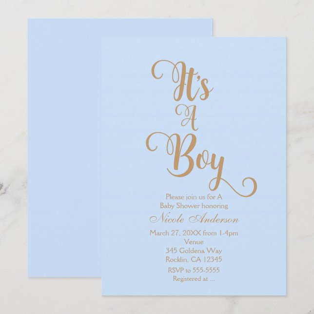Convites de Chá de Bebê Menino Azul e Dourado (Frente/Verso)