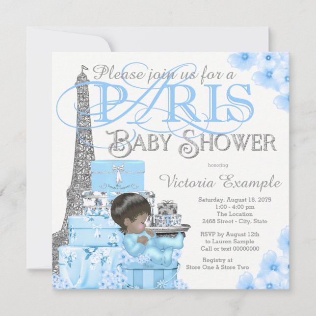 Convites de Chá de Bebê Menino Paris (Frente)