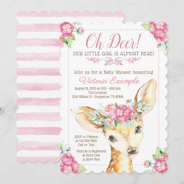 Convites de Chá de Bebê Oh Deer Baby Girl (Frente/Verso)