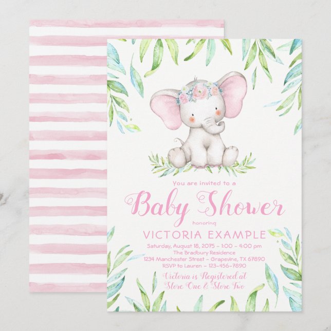 Convites de Chá de Bebê para Menina Elefante Fofa (Frente/Verso)