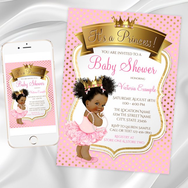 Convites de Chá de Bebê para Princesa Afro-America (African American princess baby shower invitation. Digital download and printed available.)