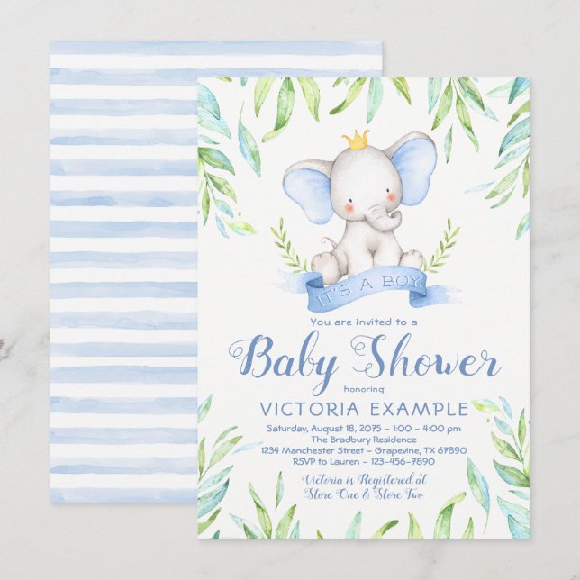 Convites de Chá de Bebê para Príncipe Elefante Men (Frente/Verso)