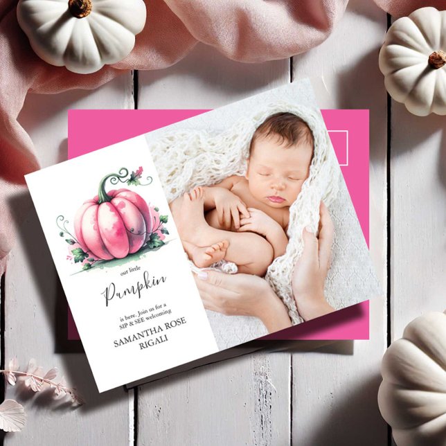 Convites de Chá de Bebê para Ver e Beber da Nossa  (Fall baby shower invitations sip and see pink little pumpkin watercolor art Do Tell A Belle)