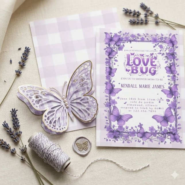 Convites de Chá de Bebê Pastel Roxo Love Bug Baby  (Criador carregado)