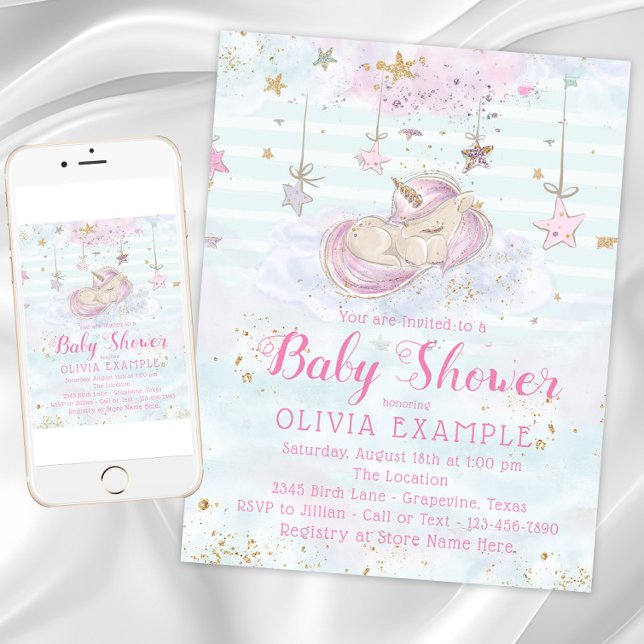 Convites de Chá de Bebê Unicórnio Doce (Sweet unicorn baby shower invitation. Instant download and printed invitations available.)