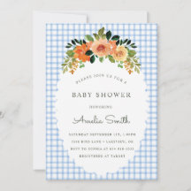 Convites de Chá de Bebê Xadrez Floral Cobalto 003