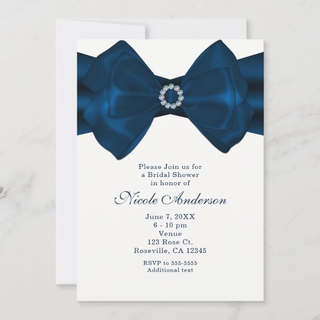 Convites de Chá de Noiva Blue Ribbon & Diamonds (Frente)