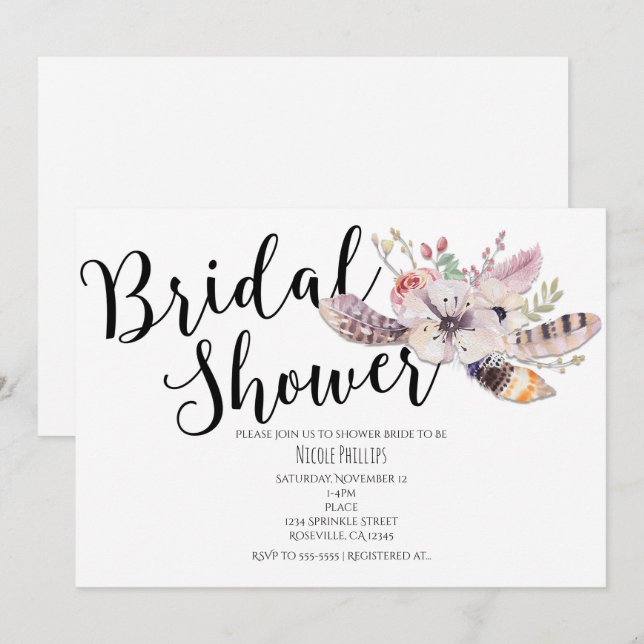 Convites de Chá de Noiva Boho Chic Floral Branco (Frente/Verso)